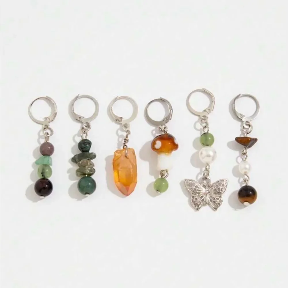 Bohemian Set Hair Charms, Butterfly, Crystal, Glass Mushroom, Silver Tone, Stone